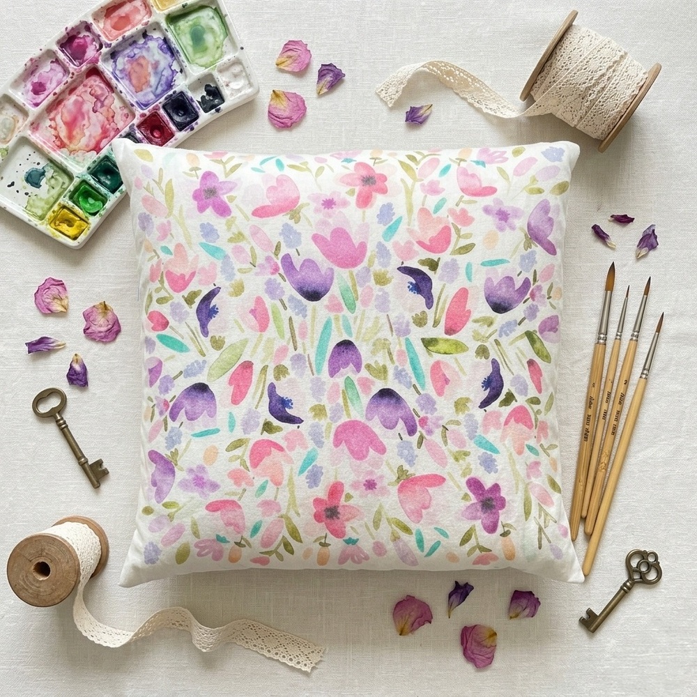 INDIGO Linen Pastel Watercolour Botanical Accent Pillow Cottagecore Feather Boho
